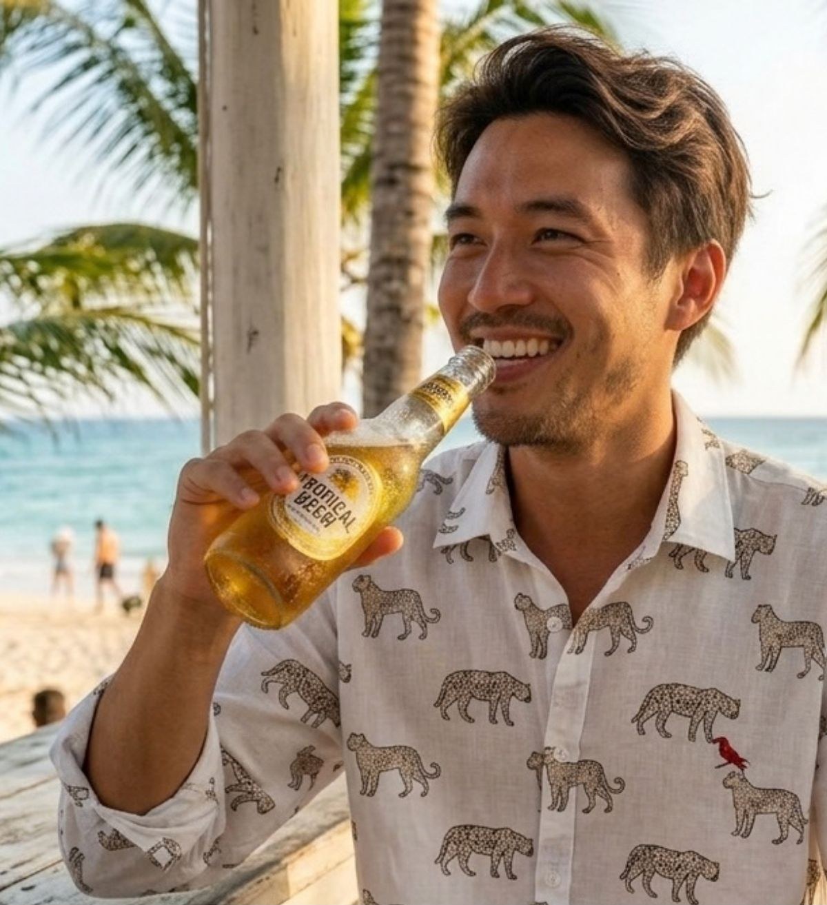A man wearing a Sunbird Shirts leopard-print cotton shirt at the beach