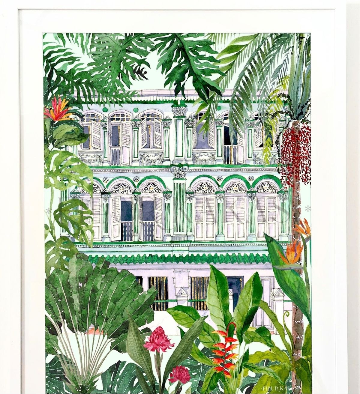 A framed Fleur Kakasi watercolour print of a Peranakan shophouse