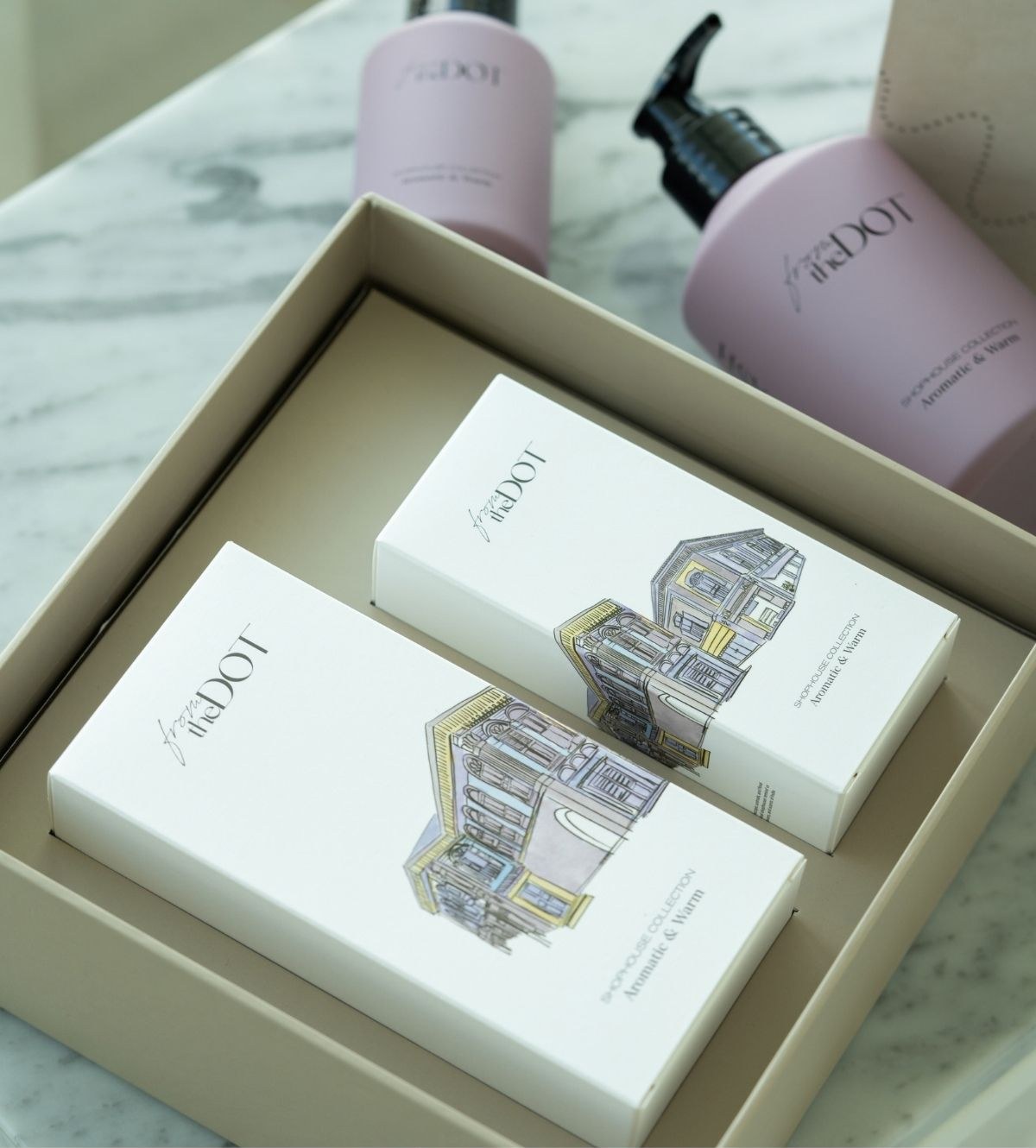From the Dot hand care bottles and boxed gift set with a Singapore shophouse illustration