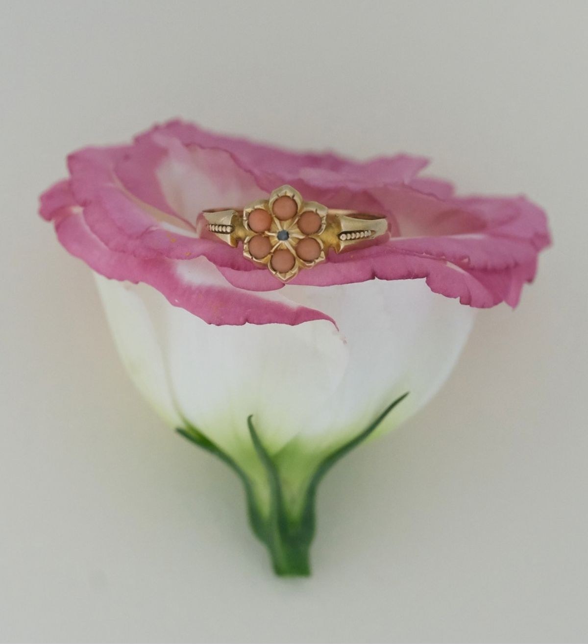 A Mills Heirloom antique gold ring resting on a pink flower